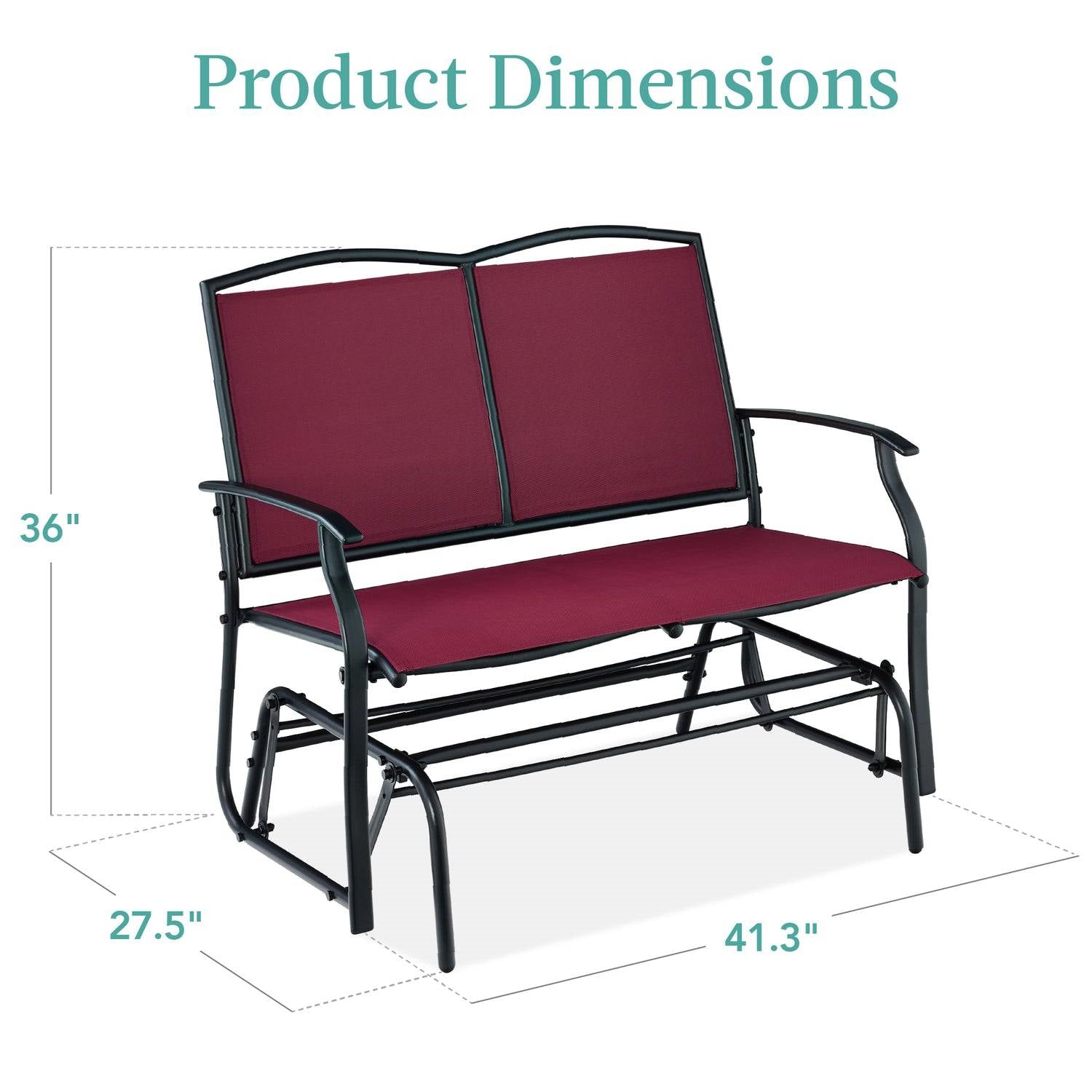 Fast Furnishings 2 Seat Mesh Patio Loveseat Swing Glider Rocker with Armrests in Burgundy Red