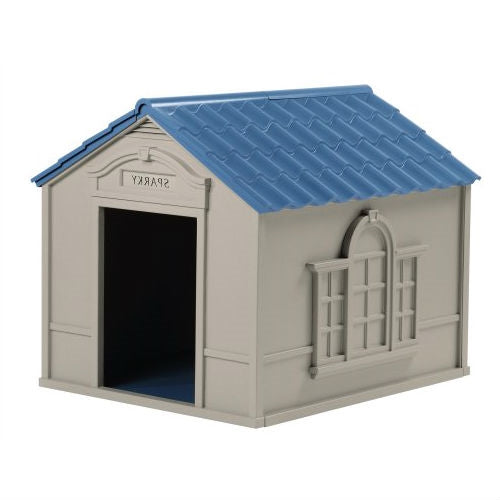 Fast Furnishings Outdoor Dog House in Taupe and Blue Roof Durable Resin - For Dogs up to 100 lbs