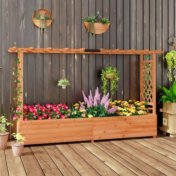 Fast Furnishings Solid Fir Wood Rectangle Raised Garden Bed with Side Trellis