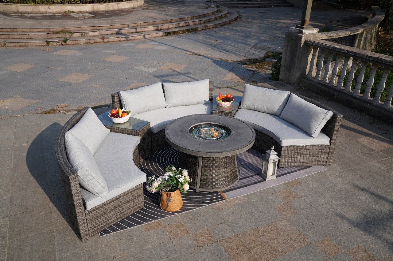 Direct Wicker Sectional Patio Gray Wicker Seating Set with Round Firepit Table