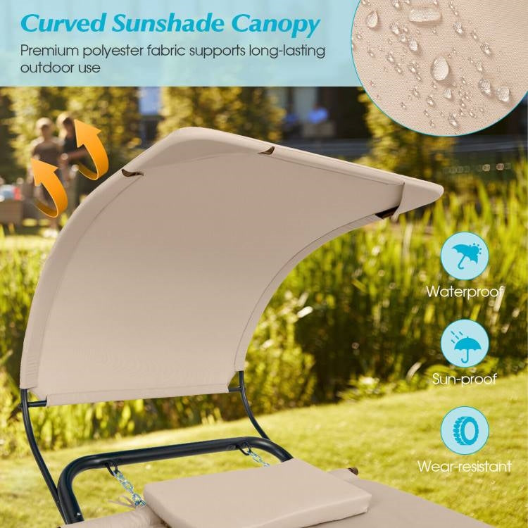 Fast Furnishings Outdoor Tan Hammock Style Chaise Lounge Chair Cot with Canopy and Storage Bag