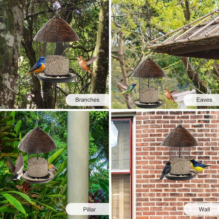 Fast Furnishings Outdoor Metal Mesh Tube Bird Feeder with Perch and Roof - Squirrel-Resistant