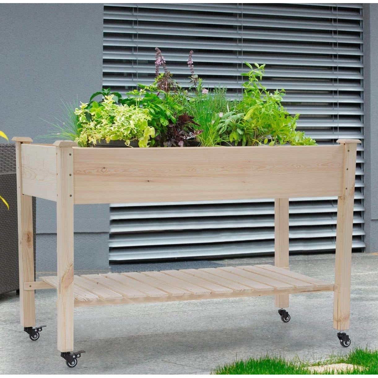 Fast Furnishings 2ft x 4ft Outdoor Solid Fir Wood Raised Garden Bed Planter Box on Locking Wheels