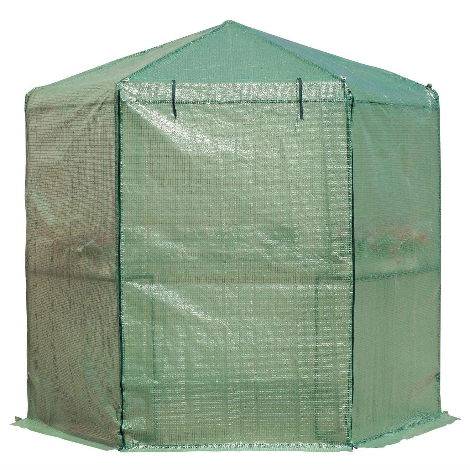 Fast Furnishings Outdoor Hexagon Greenhouse 6.5 x 7 Ft with Steel Frame PE Cover and Shelves