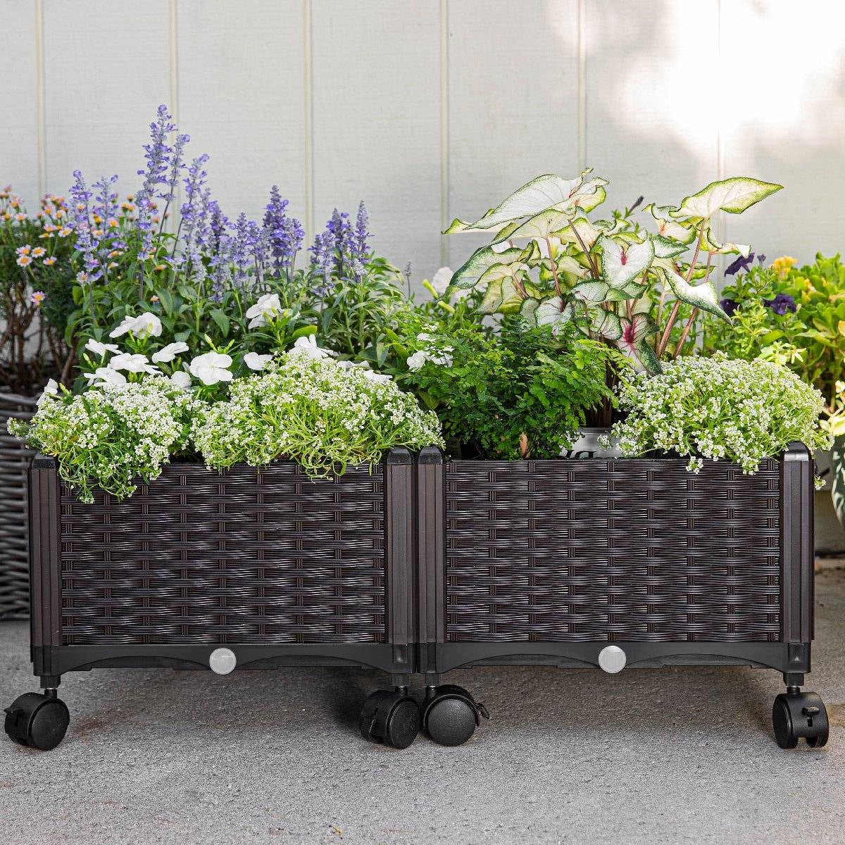 Fast Furnishings Modern 2-Piece Indoor Outdoor Raised Garden Planter Box on Wheels in PP Rattan