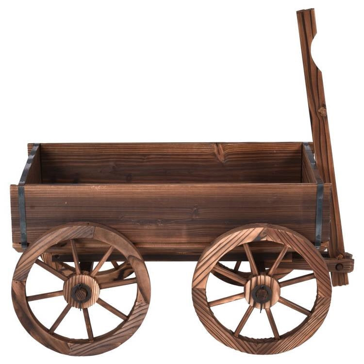 Fast Furnishings Outdoor Garden Fir Wood Barrel Planter Wagon on Wooden Wheels