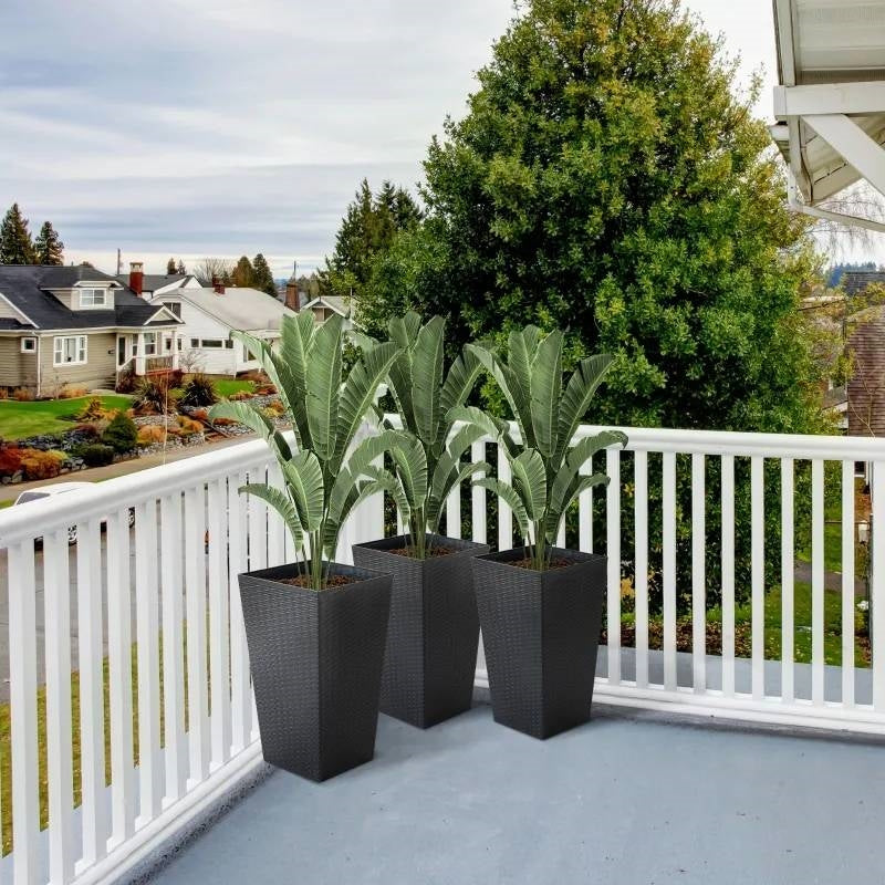 Fast Furnishings Set of 3 - Black Faux Rattan Plastic Tall Large Flower Pots