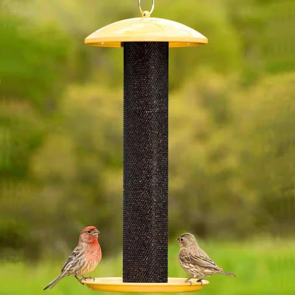 Fast Furnishings Durable Metal Mesh Tube Hanging Bird Feeder with Yellow Top and Perch