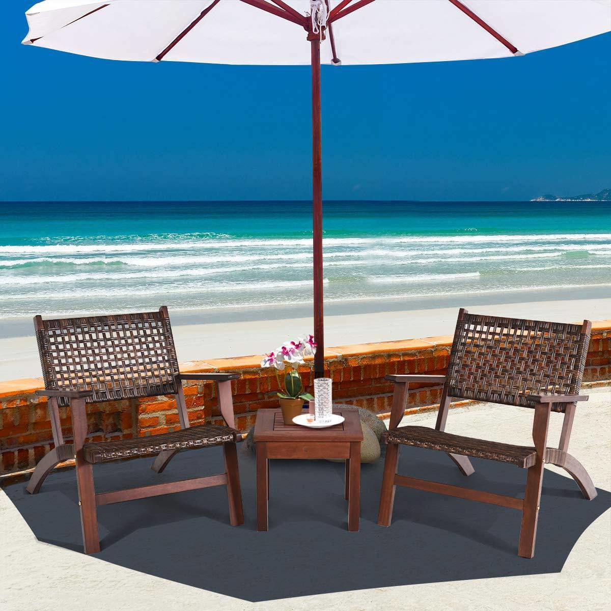 Fast Furnishings Solid Wood and Rattan 3-Piece Outdoor Patio Furniture Table Chairs Set