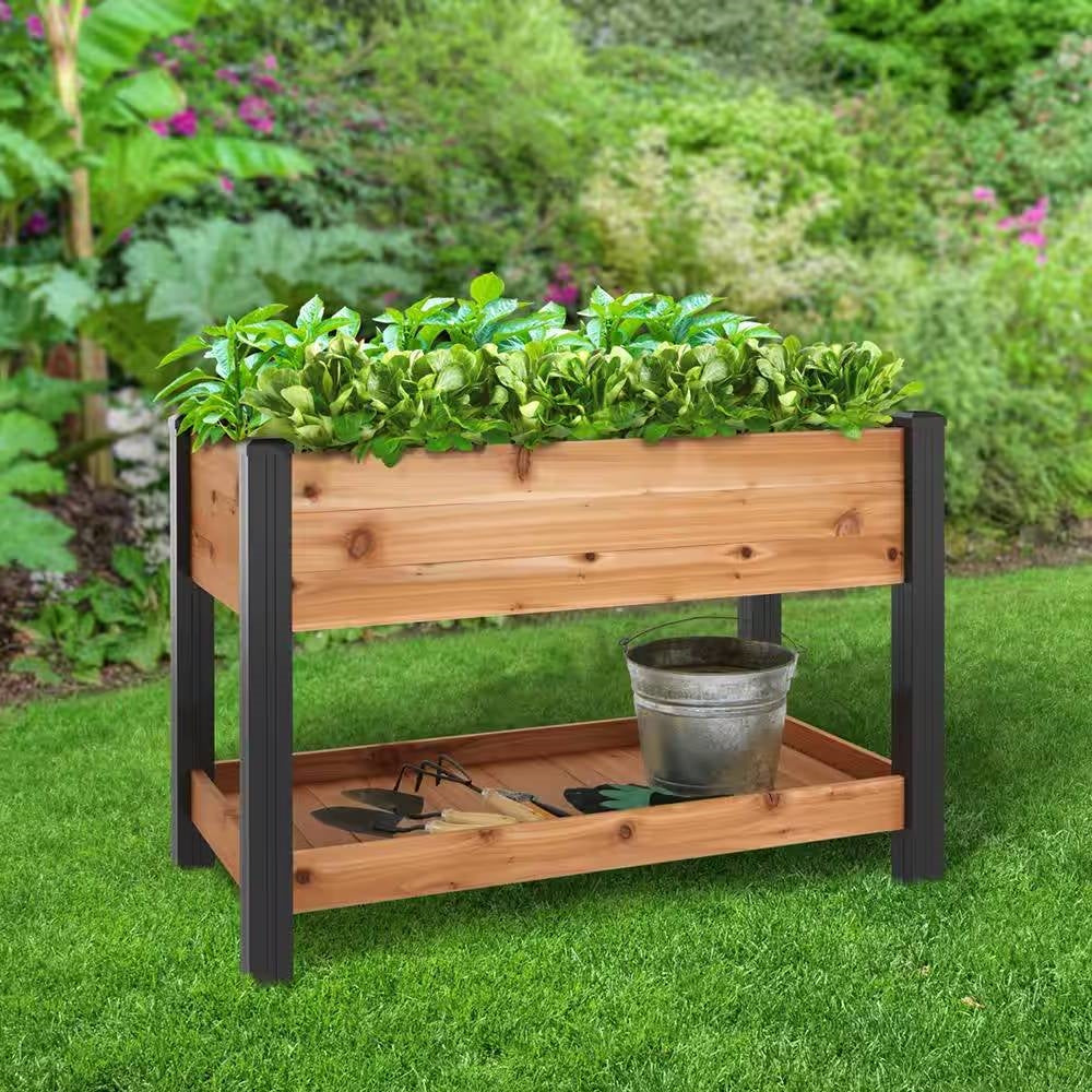 Fast Furnishings 2-Ft x 4-Ft Cedar Wood Raised Garden Bed Planter Bed with Black Vinyl Legs