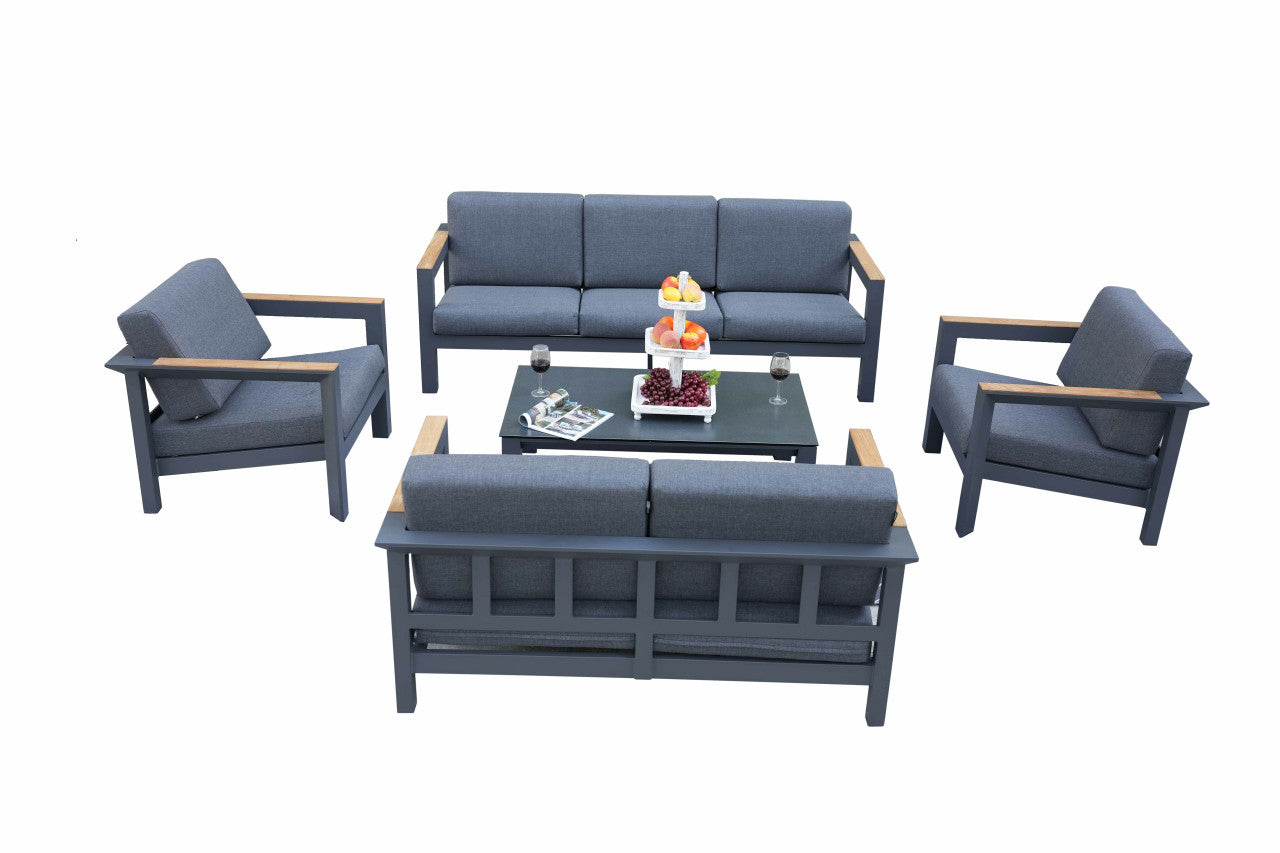 Direct Wicker 5-Piece Dark Gray Aluminum Conversational Seating Sofa Set with Teak Armrests