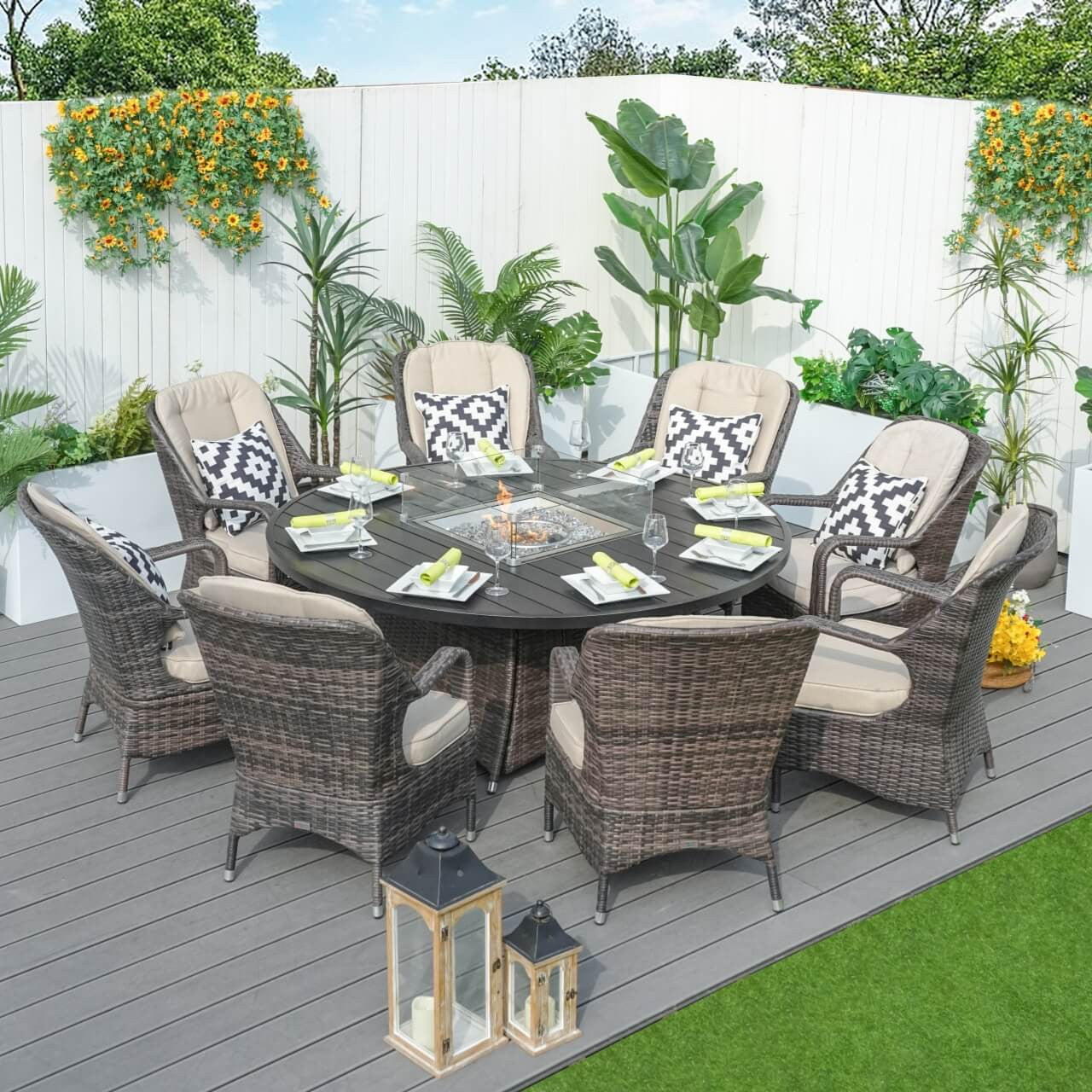 Direct Wicker's 8 Seats Round Fire Pit Set with Aluminium Tabletop & Rattan Chairs PAG-1108A