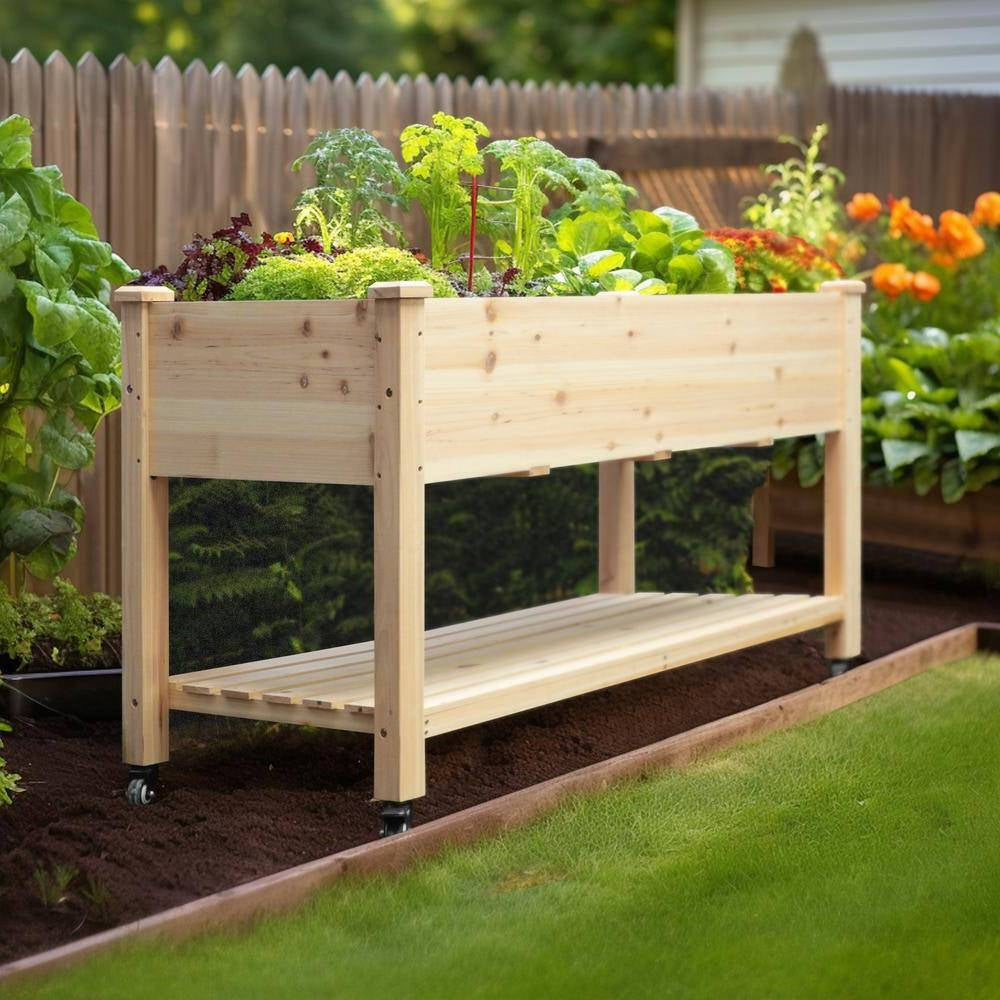 Fast Furnishings Outdoor Wood Raised Garden Bed Planter Box Cart on Wheels 46-inch x 22-inch