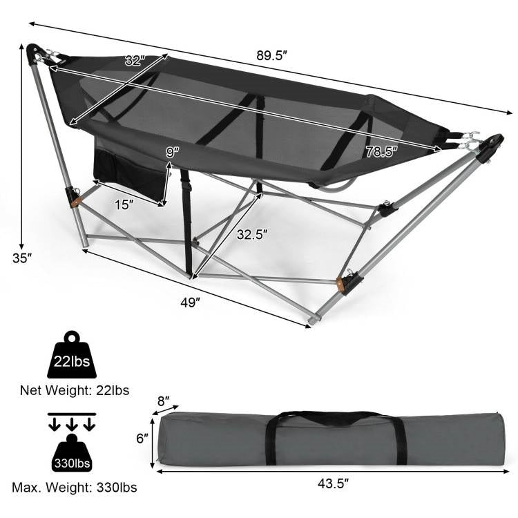 Fast Furnishings Grey Portable Camping Foldable Hammock with Stand and Carry Case