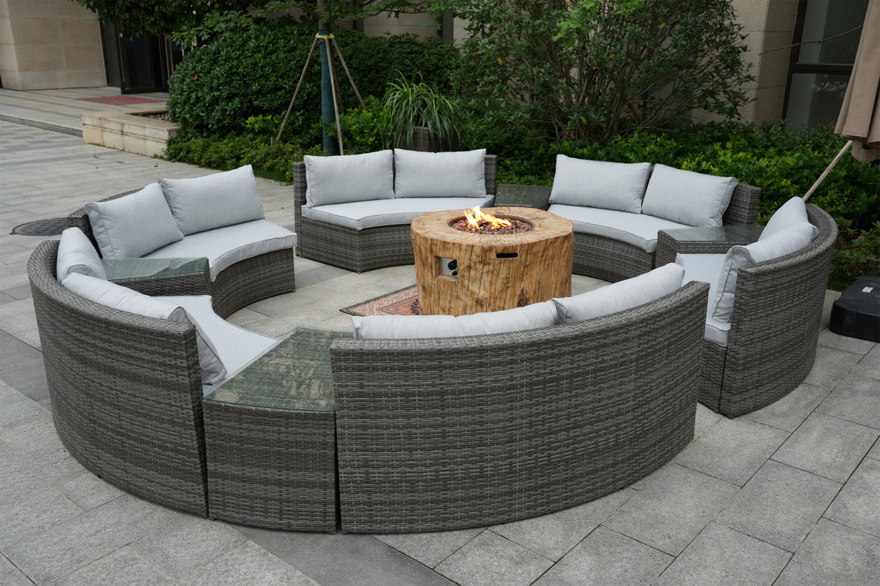 Direct Wicker Patio Half Moon Gray Wicker Seating Set with Round Grain Firepit