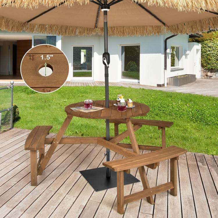 Fast Furnishings Outdoor Solid Wood Round Picnic Table Set with Umbrella Hole and 3 Benches