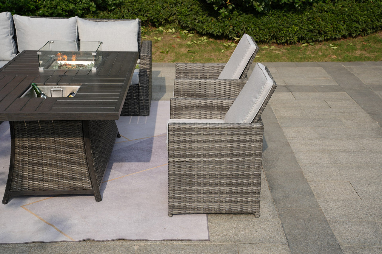 Direct Wicker Patio Gray Rattan Firepit & Ice Table and Foldable Chairs Dining Set