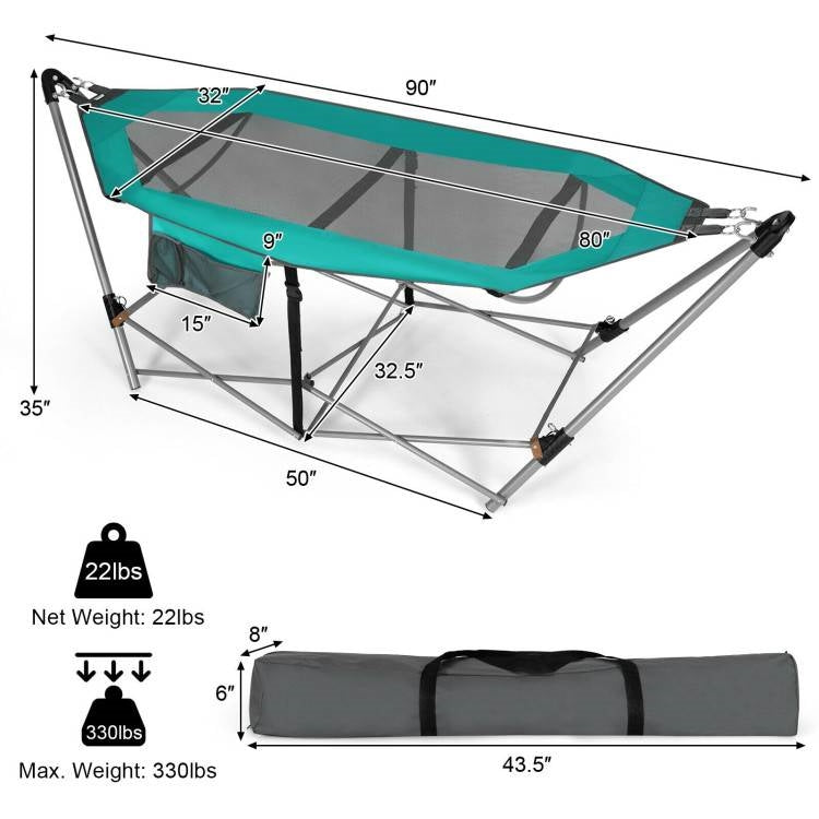 Fast Furnishings Green Portable Camping Foldable Hammock with Stand and Carry Case