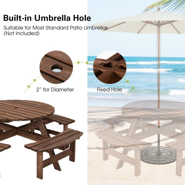 Fast Furnishings 8-Set Outdoor Solid Wood Round Picnic Table with 4 Benches Patio Garden Dining Set