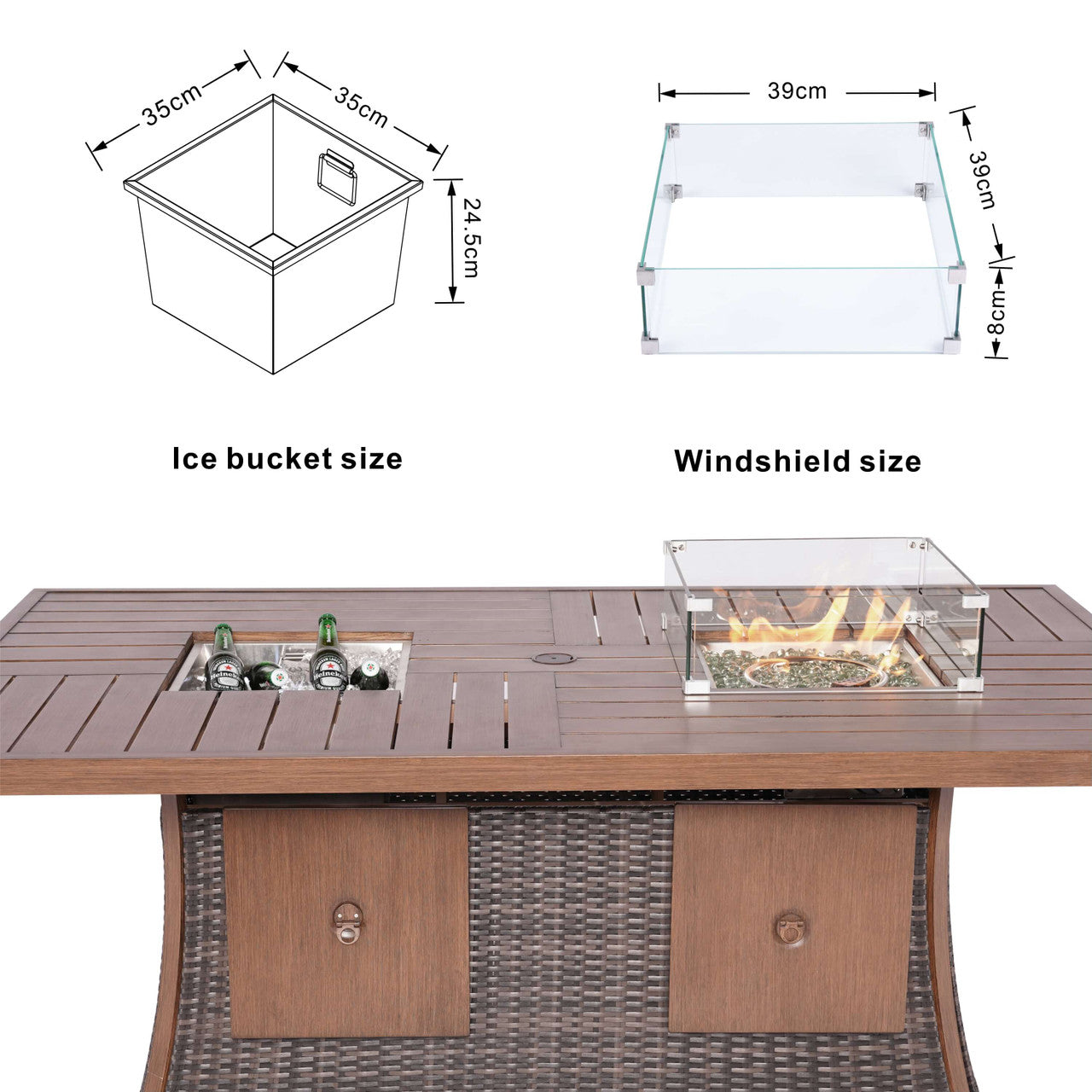 Direct Wicker 6 Seats Rectangular Fire Pit Tables with Fire & Ice Options