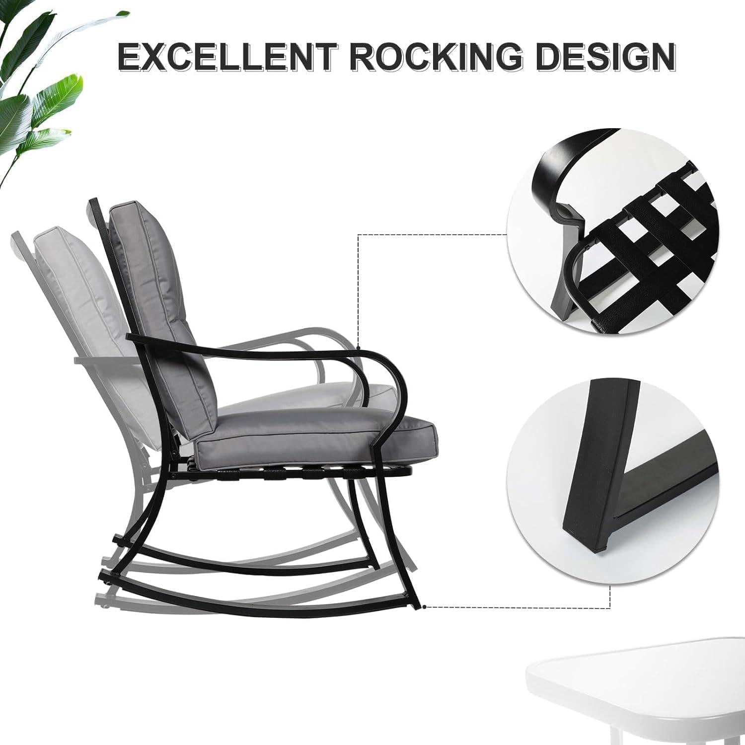 Fast Furnishings Outdoor 3-Piece Patio Furniture Table Rocking Chairs Set with Grey Cushions