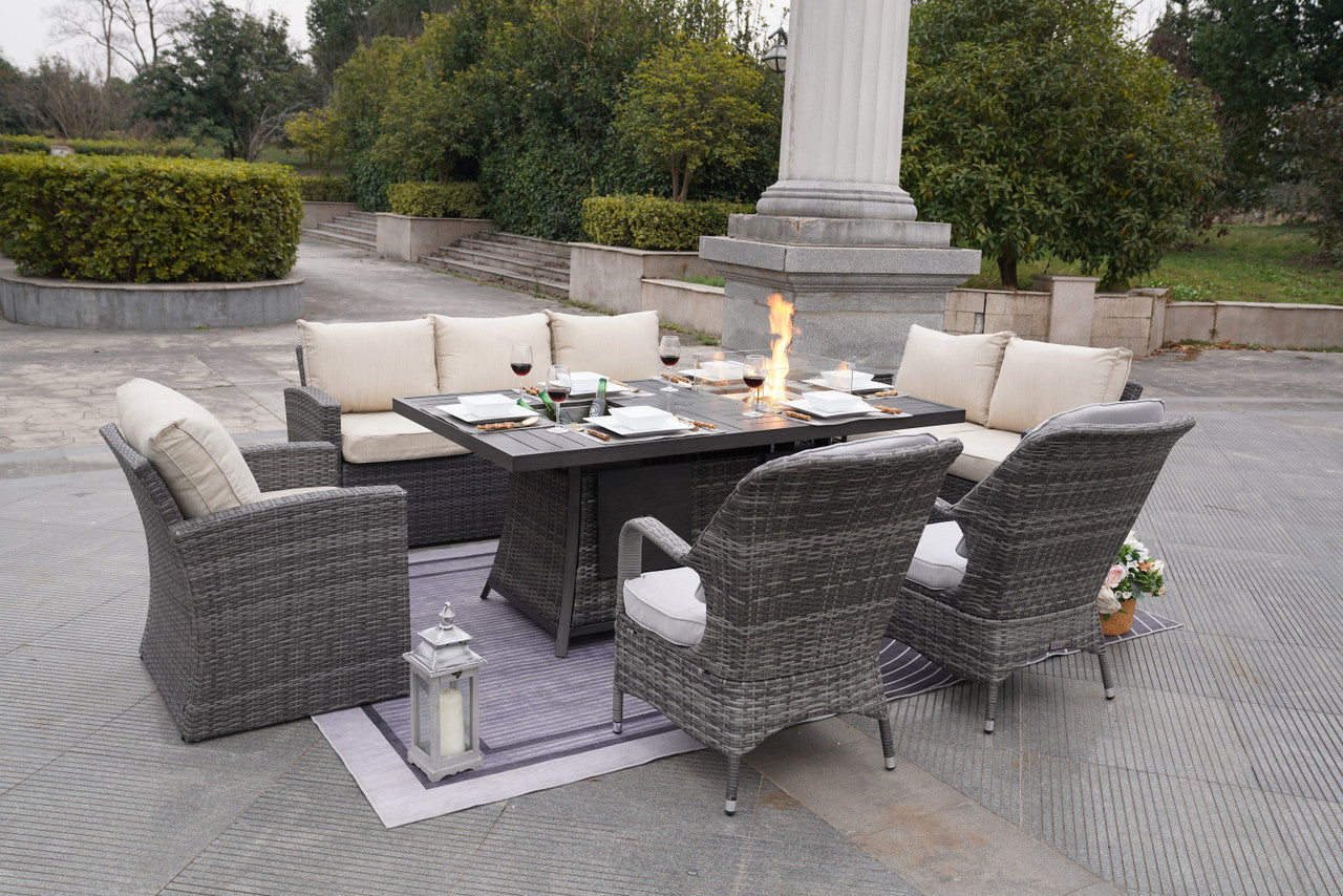 Direct Wicker 7-Piece Patio Gray Rattan Firepit Dining Table Set with Ice Bucket