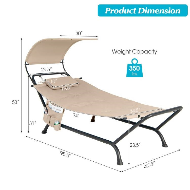 Fast Furnishings Outdoor Tan Hammock Style Chaise Lounge Chair Cot with Canopy and Storage Bag