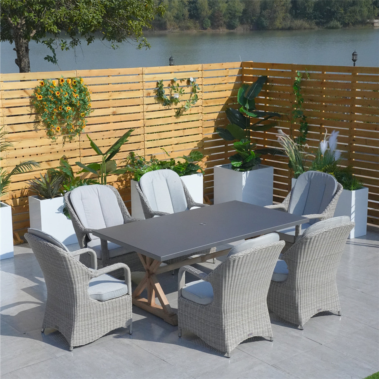 Direct Wicker Outdoor Dining Set Aluminum Table with 6 Rattan Chairs in Gray