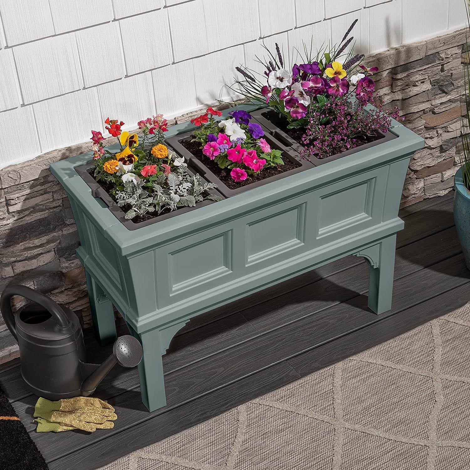 Fast Furnishings Green Rectangular Raised Garden Bed Planter Box with 3 Removeable Trays