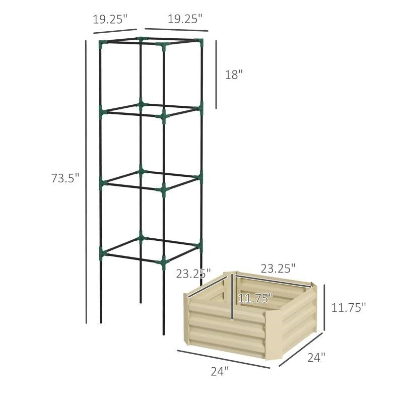 Fast Furnishings Beige Galvanized Open Bottom Raised Garden Bed Planter with Tomato Cage Trellis