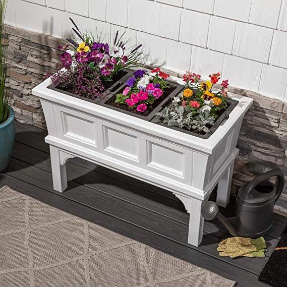 Fast Furnishings White Rectangular Raised Garden Bed Planter Box with Removeable Trays