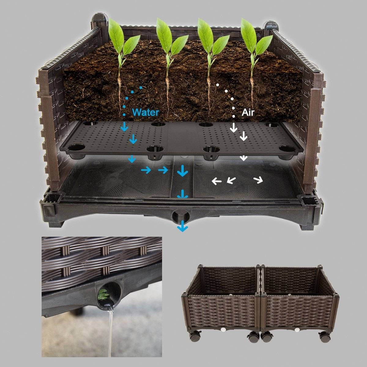 Fast Furnishings Modern 2-Piece Indoor Outdoor Raised Garden Planter Box on Wheels in PP Rattan