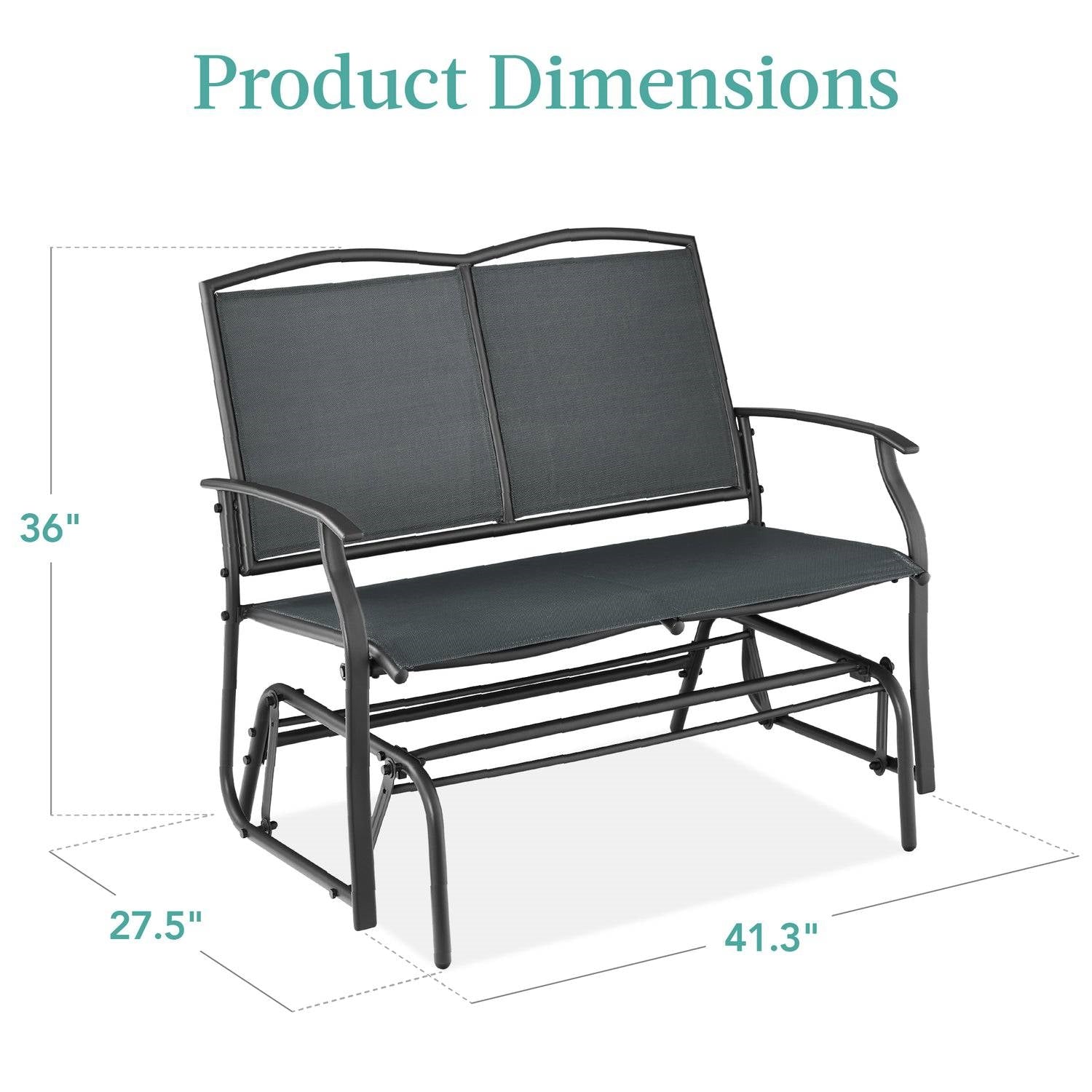 Fast Furnishings 2 Seat Mesh Patio Loveseat Swing Glider Rocker with Armrests in Charcoal