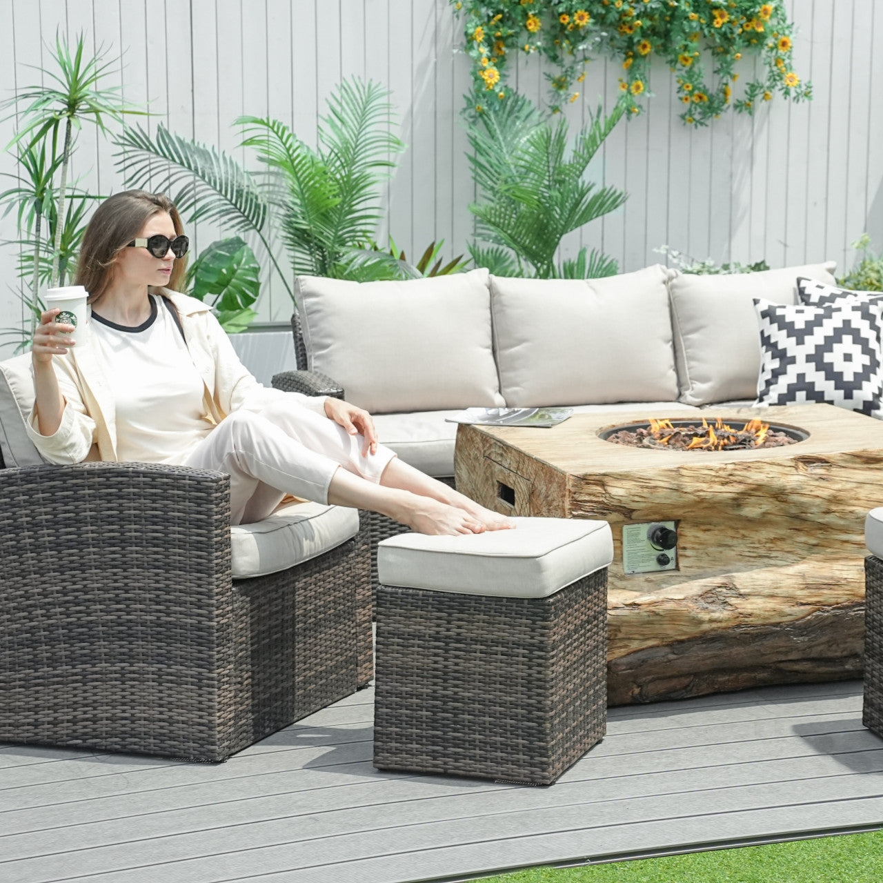 Direct Wicker's Patio Seating Sofa Set with Grain Fire Pit Table for Ultimate Comfort and Style