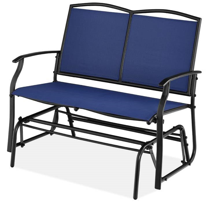 Fast Furnishings 2 Seat Mesh Patio Loveseat Swing Glider Rocker with Armrests in Navy Blue