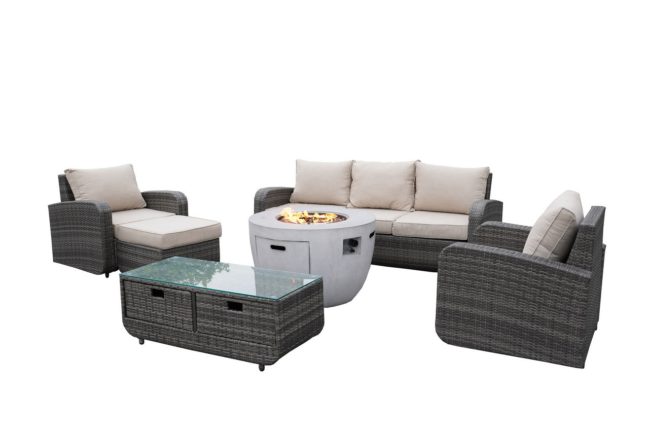 Direct Wicker 6-Piece Gray Wicker Patio Seating Sofa Set with Firepit Table