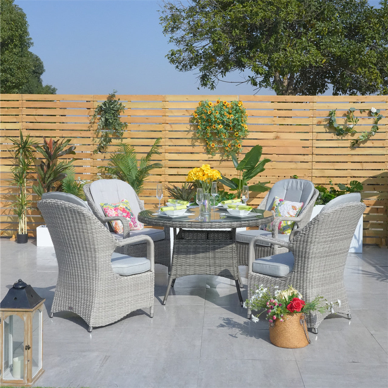 Direct Wicker Patio Wicker Dining Set with Round Table and Semi-circular Rattan Chairs