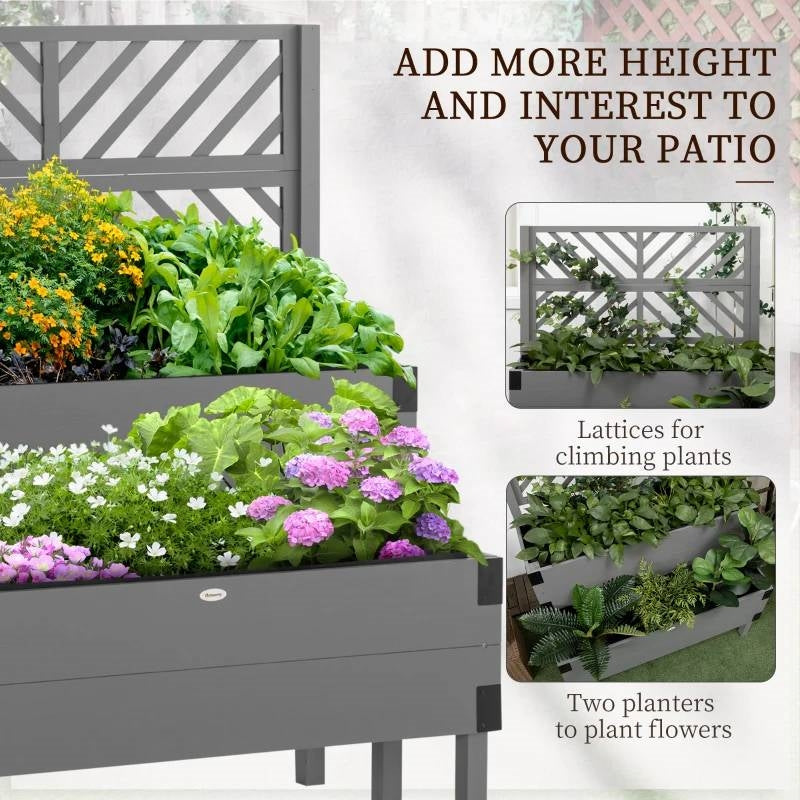 Fast Furnishings 2 Tier Self Draining Grey Wood Raised Garden Bed Planter Box with Trellis