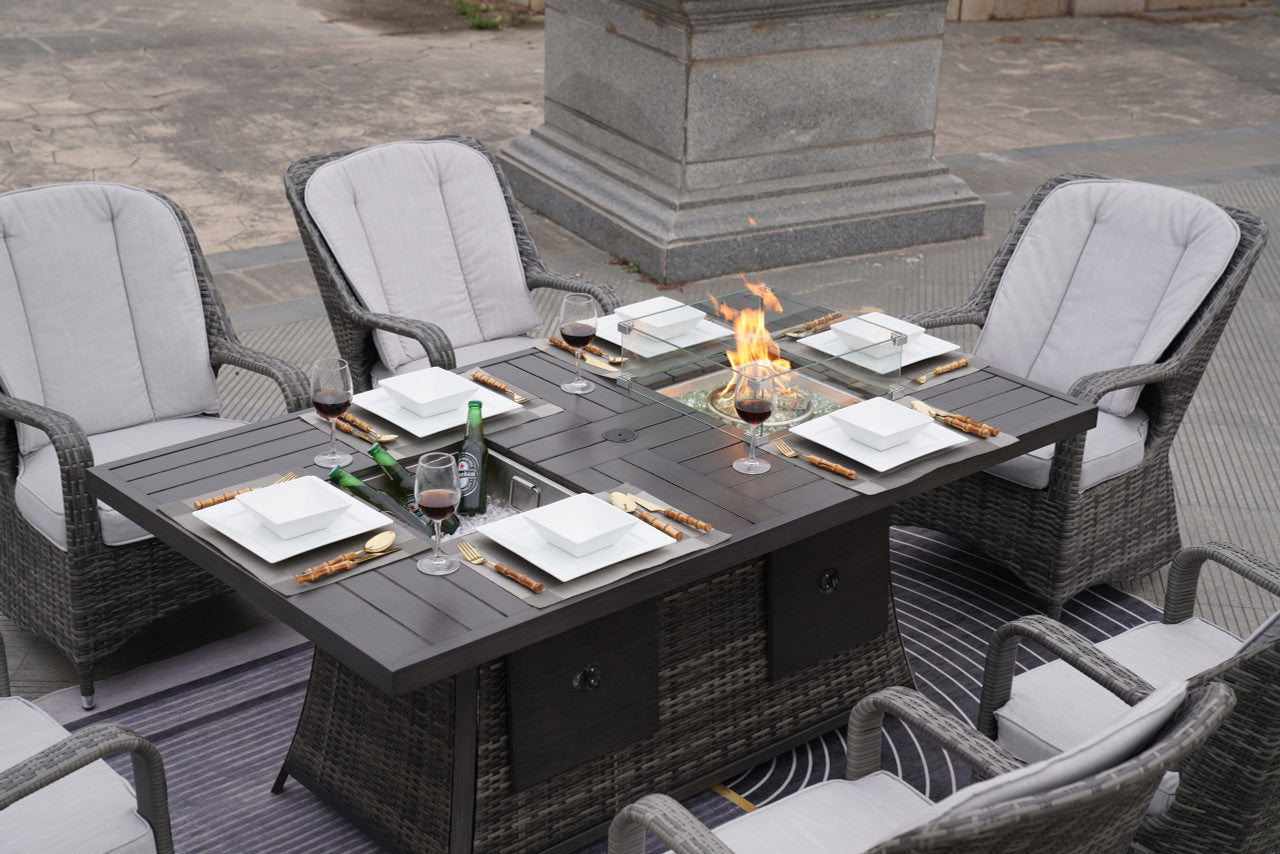 Direct Wicker 6-Seat Patio Gray Firepit and Ice Bucket Dining Table Set with Standard Height Chairs