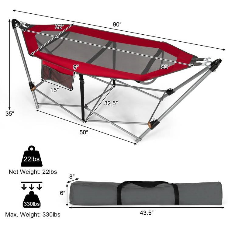 Fast Furnishings Red Portable Camping Foldable Hammock with Stand and Carry Case