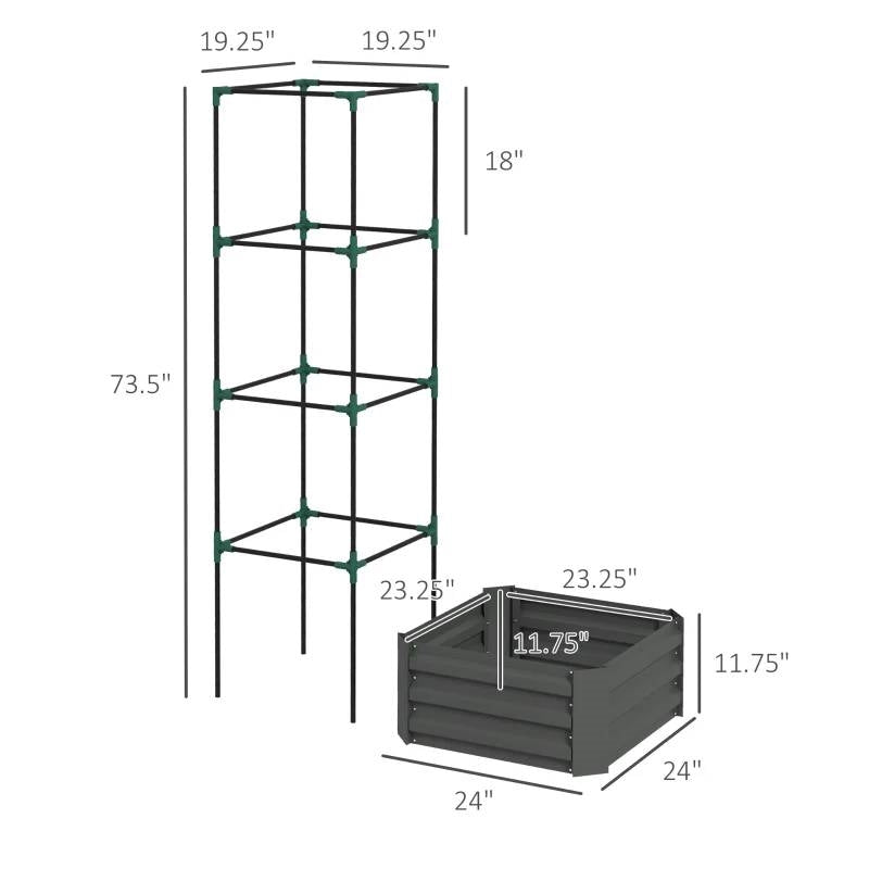 Fast Furnishings Grey Galvanized Open Bottom Raised Garden Bed Planter with Tomato Cage Trellis