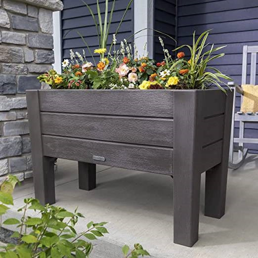 Fast Furnishings Rectangular Plastic Raised Garden Bed Planter Box - Dark Grey Cedar Wood Finish