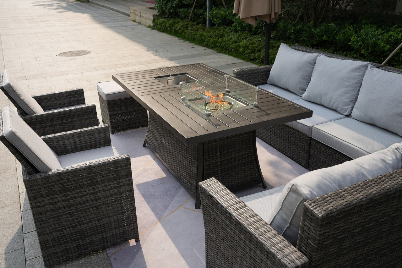 Direct Wicker Patio Gray Rattan Wicker Conversational Set with Rectangle Firepit & Ice Table, Foldable Dining Chairs and Ottomans(Patio Set Options)