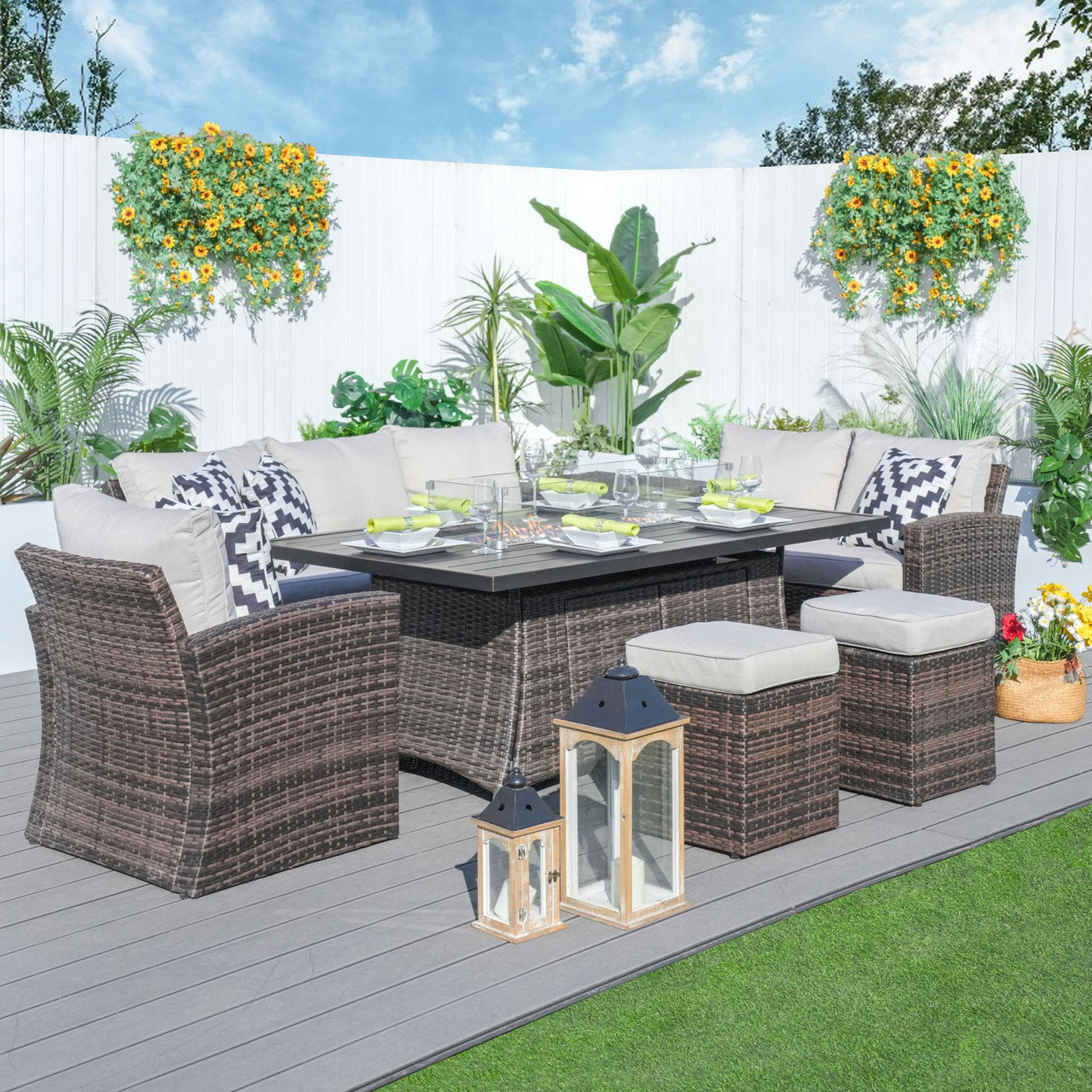 Direct Wicker 7-Piece Brown Wicker Patio Seating Rectangle Firepit Table Sofa Set