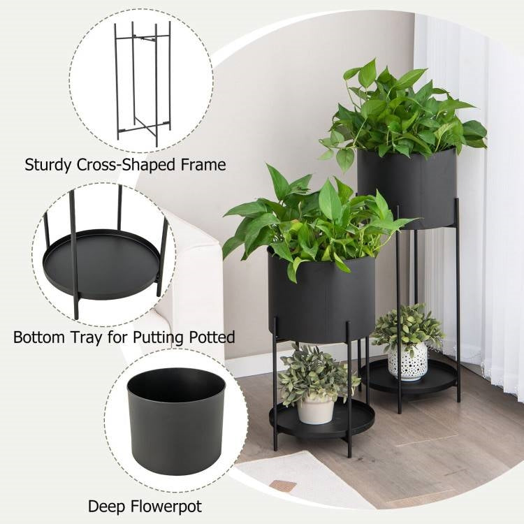 Fast Furnishings Set of 2 Black Metal Garden Planter Flower Pot Stand with Bottom Shelf