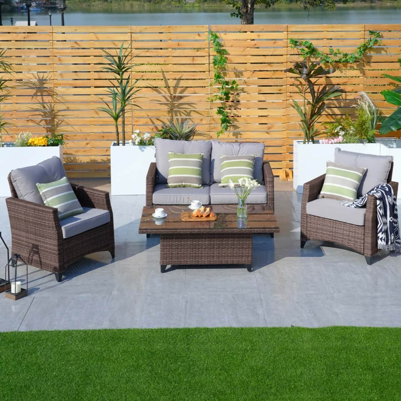 Direct Wicker 4-Piece Patio Wicker Seating Set with Lift Table and Cushion  PAF-1801P-LT