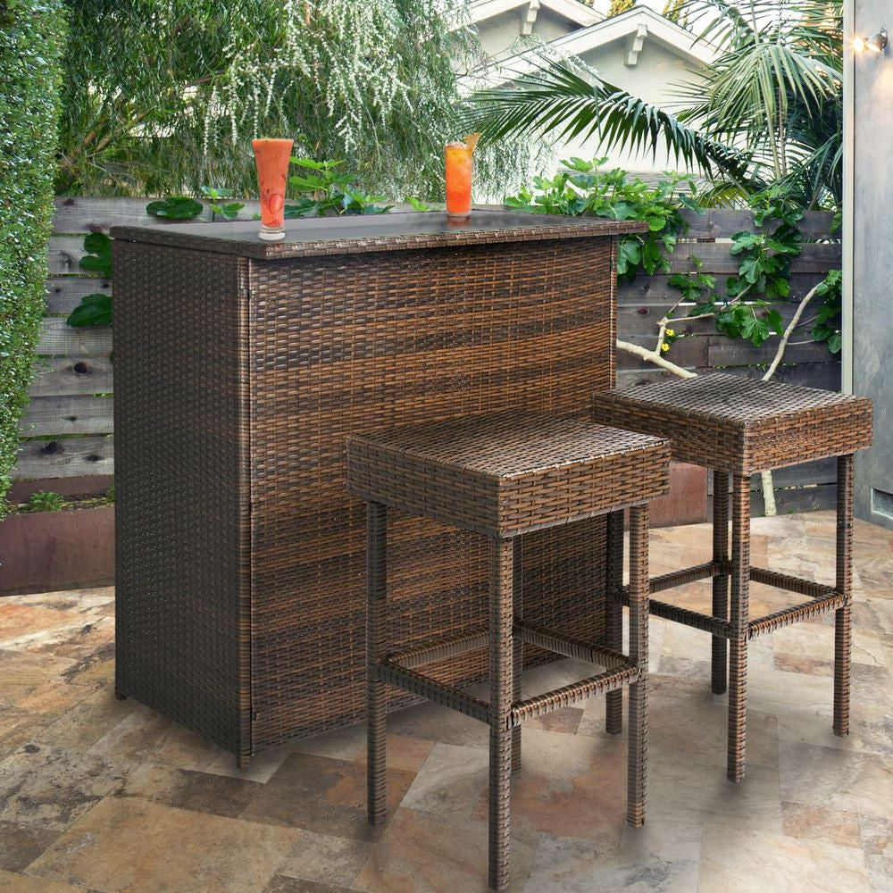 Fast Furnishings Outdoor 3-Piece PE Wicker Bar Set with Table and Stools