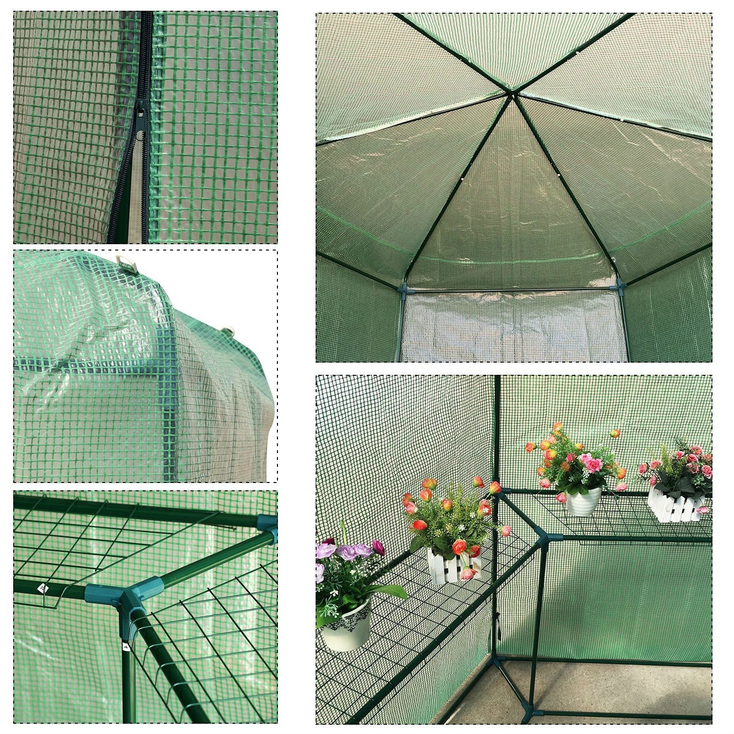 Fast Furnishings Outdoor Hexagon Greenhouse 6.5 x 7 Ft with Steel Frame PE Cover and Shelves