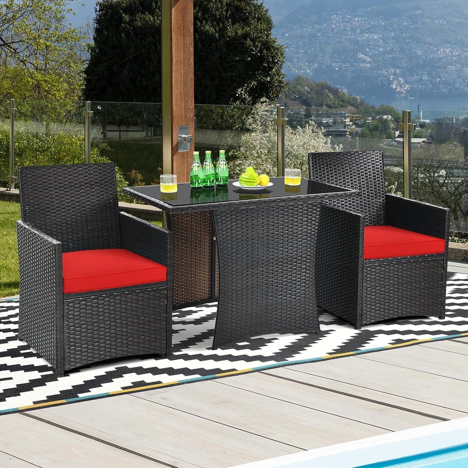 Fast Furnishings 3-Piece Patio Furniture Outdoor Dining Set in Brown PE Rattan with Red Cushions