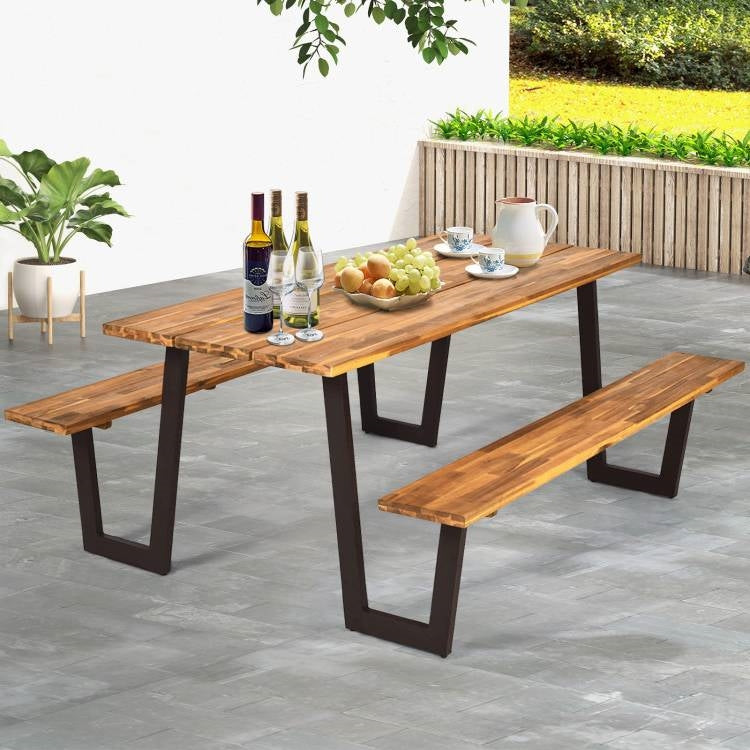 Fast Furnishings Modern Wooden Picnic Table with 2 Benches Outdoor Patio Dining Set